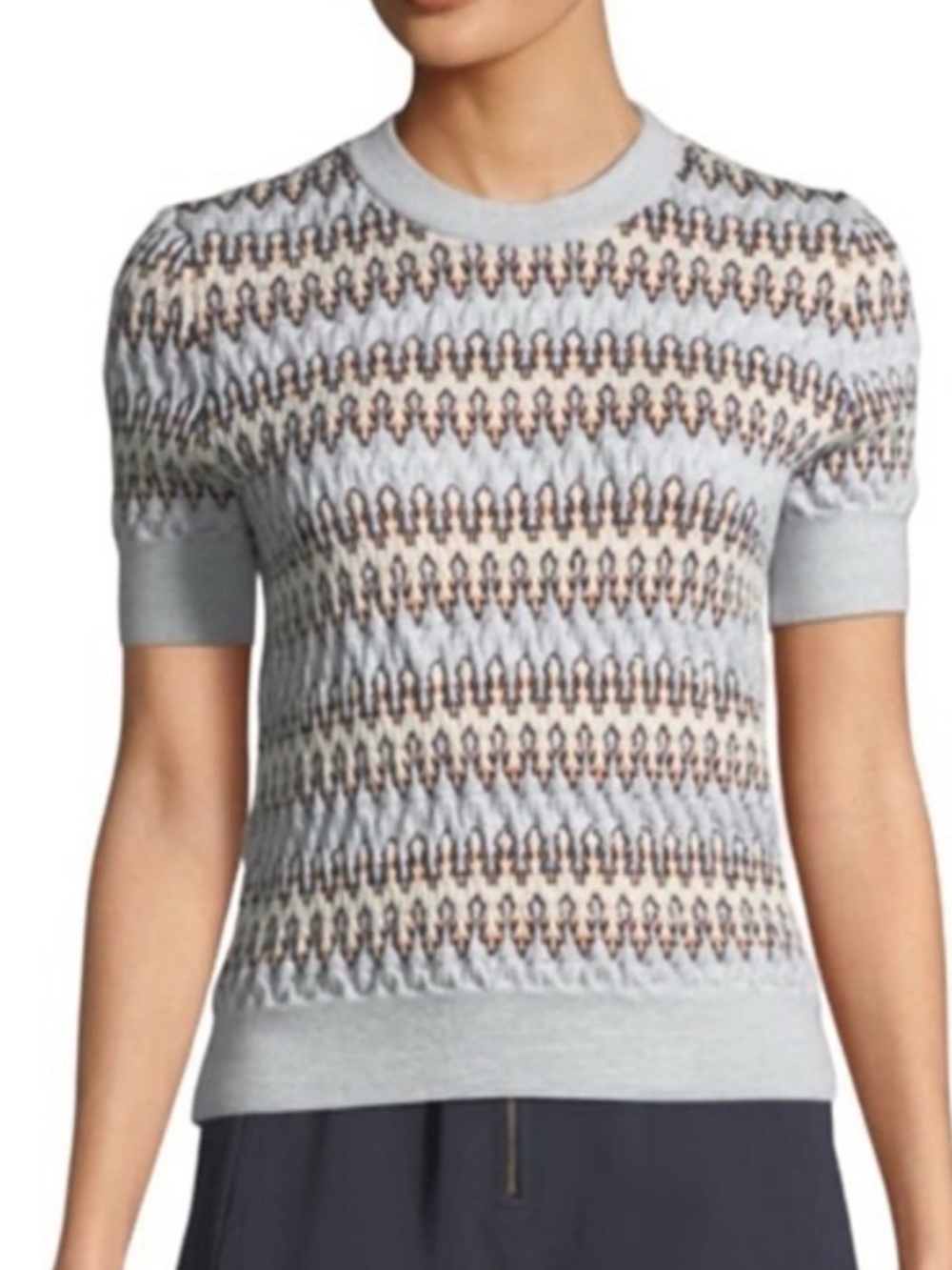 Carven EUC Jacquard Knit Sweater Blue Multicolor Medium Short Sleeve